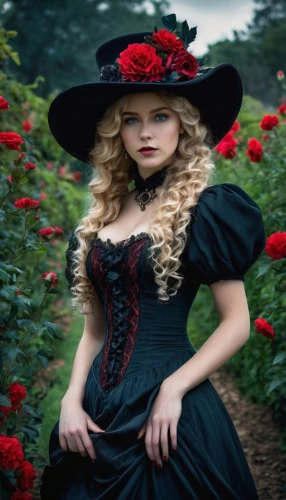 victorian lady,gothic fashion,red roses,victorian style,gothic portrait,red rose,gothic woman,black rose,wild roses,gothic dress,way of the roses,with roses,beautiful girl with flowers,queen of hearts,scent of roses,hedge rose,old country roses,gothic style,rosebushes,wild rose,Conceptual Art,Fantasy,Fantasy 34