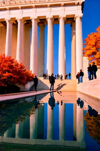 lincoln memorial,jefferson monument,reflecting pool,thomas jefferson memorial,lincoln monument,abraham lincoln memorial,jefferson memorial,doric columns,washington dc,district of columbia,parthenon,three pillars,neoclassical,classical architecture,tidal basin,abraham lincoln monument,national archives,greek temple,the parthenon,washington,Illustration,Japanese style,Japanese Style 13