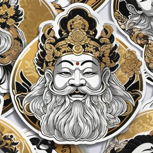 golden mask,poseidon god face,fairy tale icons,mandala illustration,bodhisattva,mandala illustrations,mandala background,dharma wheel,chinese icons,lotus png,emperor,gold foil art,crown icons,gold mask,thai pattern,icon magnifying,the emperor's mustache,golden dragon,ornate,bhutan,Unique,Design,Sticker