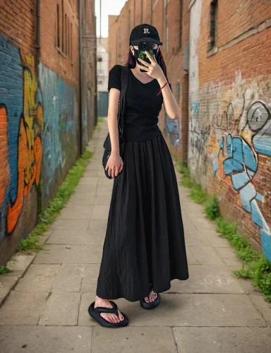 black dress with a slit,girl in a long dress,fedora,goth woman,girl wearing hat,a girl with a camera,gothic dress,long dress,black hat,depressed woman,woman walking,girl in a long dress from the back,goth subculture,a girl in a dress,dress walk black,hat womens,goth whitby weekend,pork-pie hat,woman's hat,girl walking away,Outdoor,City Alleyway