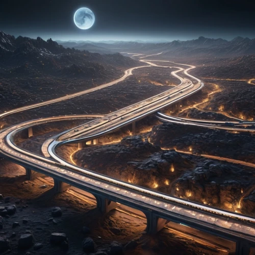 winding roads,winding road,roads,night highway,mountain highway,valley of the moon,highway lights,moon valley,mountain road,mountain pass,alpine drive,light trail,futuristic landscape,road to nowhere,road of the impossible,highway,the road,lunar landscape,moonscape,light trails,Photography,General,Sci-Fi