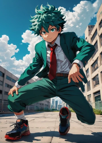 my hero academia,fighting stance,stylish boy,determination,kick,emerald,pedal,jump,ganai,skipping,malachite,sensei,running,tie shoes,anime japanese clothing,anime boy,holding shoes,would a background,ren,edit icon,Art,Classical Oil Painting,Classical Oil Painting 17