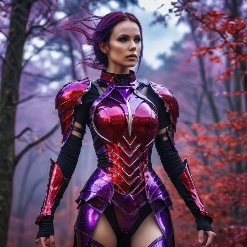 huntress,scarlet witch,latex clothing,fantasy woman,female warrior,darth talon,bodypaint,red-purple,eva,harnessed,cosplay image,red,veil purple,raven,cyborg,warrior woman,purple,latex,archangel,xmen,Photography,General,Realistic