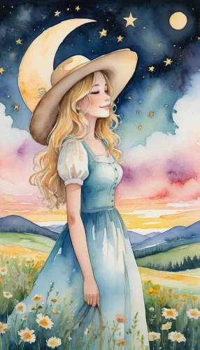 meadow in pastel,virgo,jessamine,watercolor background,country dress,star mother,zodiac sign libra,straw hat,fantasy portrait,sky rose,southern belle,countrygirl,pilgrim,rosa ' amber cover,high sun hat,boho art,springtime background,heidi country,blue moon rose,starry night,Illustration,Paper based,Paper Based 25
