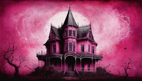 witch house,witch's house,the haunted house,haunted house,blood church,ghost castle,haunted castle,haunted cathedral,gothic style,dark pink,pink october,house silhouette,gothic,dark pink in colour,gothic architecture,creepy house,castle of the corvin,devilwood,victorian house,mortuary temple,Illustration,Paper based,Paper Based 18