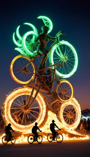 burning man,bicycle lighting,bike lamp,artistic cycling,party bike,racing bicycle,electric bicycle,kinetic art,light art,drawing with light,fire dancer,bike tandem,bicycle racing,bicycle wheel,bicycles,cyclo-cross bicycle,balance bicycle,bicycle motocross,firespin,bicycle,Illustration,Realistic Fantasy,Realistic Fantasy 25