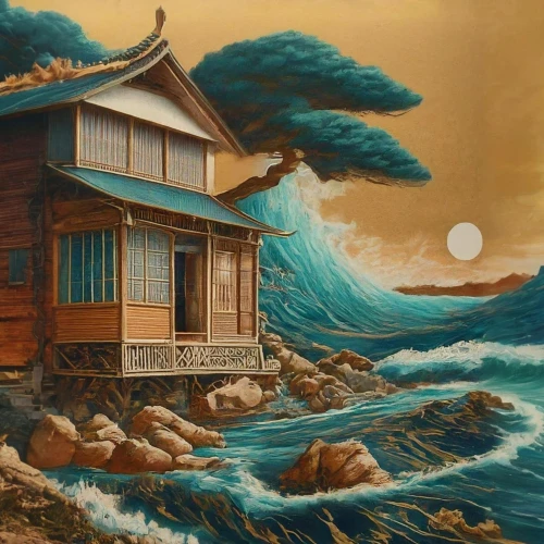 japanese waves,house of the sea,japanese wave,fisherman's house,wooden house,house by the water,the wind from the sea,sea storm,sea landscape,japanese art,tsunami,fisherman's hut,house with lake,beach hut,ocean waves,summer cottage,lonely house,floating huts,sea-shore,coastal landscape