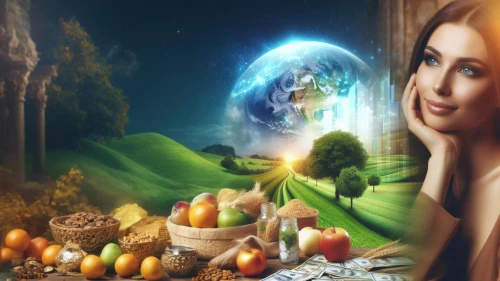 fantasy picture,fantasy art,mother earth,celtic woman,pear cognition,autumn background,divine healing energy,faerie,image manipulation,golden apple,garden of eden,faery,photomanipulation,woman eating apple,photo manipulation,argan tree,gaia,digital compositing,world digital painting,mother nature