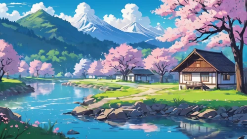 japanese sakura background,sakura background,landscape background,japan landscape,sakura trees,springtime background,spring background,japanese floral background,sakura tree,beautiful japan,the cherry blossoms,sakura blossoms,home landscape,sakura blossom,japanese alps,japanese background,idyllic,spring in japan,cherry blossoms,fantasy landscape,Illustration,Japanese style,Japanese Style 06