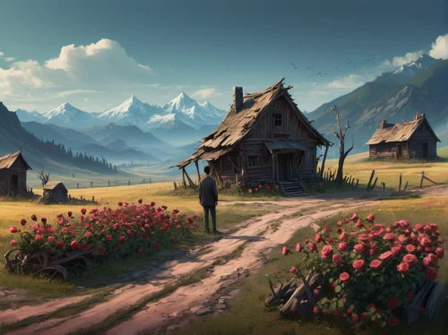 home landscape,mountain settlement,fantasy landscape,alpine village,salt meadow landscape,mountain village,alpine pastures,landscape background,world digital painting,meadow landscape,fantasy picture,alpine meadow,northrend,mountain huts,rural landscape,aurora village,mountain meadow,knight village,mushroom landscape,little house,Conceptual Art,Fantasy,Fantasy 02