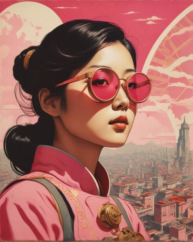 asian vision,rosa ' amber cover,pink glasses,sci fiction illustration,pink butterfly,pink city,geisha,geisha girl,world digital painting,retro girl,pink round frames,ipê-rosa,asia,retro woman,mulan,pink vector,retro women,japanese sakura background,game illustration,oriental girl,Illustration,Japanese style,Japanese Style 08