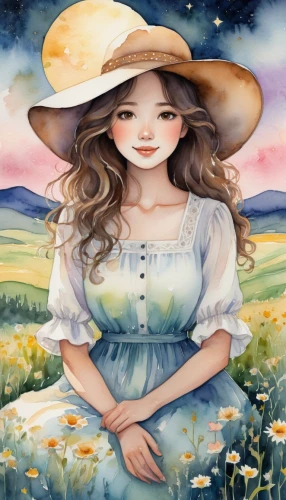 countrygirl,country dress,springtime background,blooming field,straw hat,meadow,girl wearing hat,watercolor background,meadow in pastel,summer meadow,high sun hat,watercolor women accessory,farm girl,girl in flowers,girl in the garden,field of flowers,landscape background,pilgrim,farm background,spring background,Illustration,Paper based,Paper Based 25