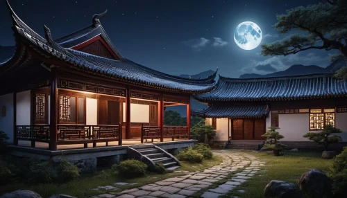 moonlit night,mid-autumn festival,night scene,hanok,moonlit,tsukemono,traditional house,japanese art,world digital painting,asian architecture,ryokan,ancient house,moon and star background,oriental painting,japanese-style room,japanese shrine,japanese architecture,chinese art,japanese background,home landscape,Photography,General,Realistic