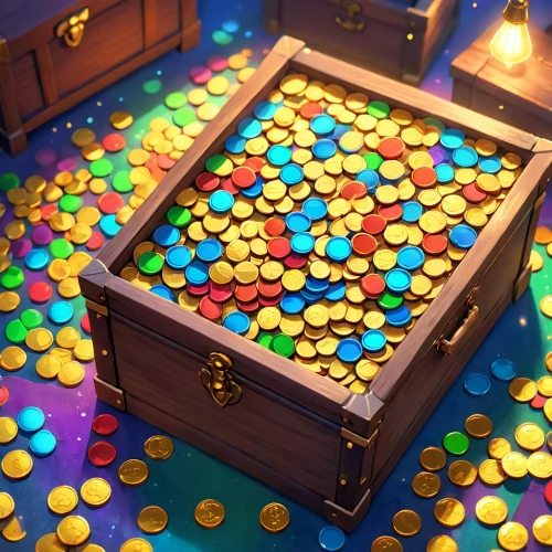 treasure chest,ball pit,pirate treasure,gnome and roulette table,collected game assets,music chest,mechanical puzzle,toy box,pot of gold background,candy cauldron,a drawer,treasure,orbeez,cinema 4d,tokens,gumball machine,gingerbread buttons,candy crush,treasure house,3d render,Anime,Anime,Cartoon