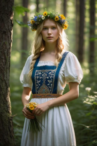 bavarian swabia,germanic tribes,jessamine,country dress,folk costume,girl in flowers,faerie,faery,mystical portrait of a girl,beautiful girl with flowers,fairy tale character,midsummer,folk costumes,nordic,russian folk style,celtic woman,bornholmer margeriten,girl in a long dress,celtic queen,ukrainian,Art,Artistic Painting,Artistic Painting 34