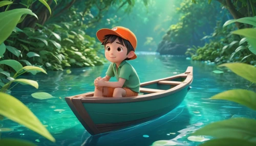 lilo,raft,paper boat,canoeing,mowgli,hula,raft guide,little boat,disney character,tiana,canoes,rowboat,boat landscape,canoe,miguel of coco,jon boat,tarzan,moana,cute cartoon character,green water,Unique,3D,3D Character