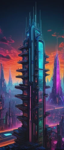 futuristic landscape,fantasy city,cityscape,metropolis,cyberpunk,skyscrapers,futuristic,dystopian,skyscraper,dystopia,citadel,scifi,colorful city,the skyscraper,skyscraper town,cellular tower,city skyline,ancient city,ruin,urban towers,Illustration,Retro,Retro 24