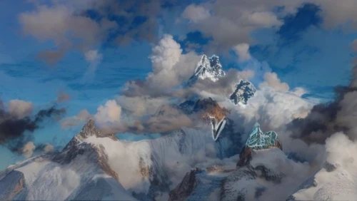 cloud mountain,aiguille du midi,cloud mountains,panoramical,over the alps,mount everest,high alps,chinese clouds,matterhorn,world digital painting,cloud towers,snow mountains,blue sky clouds,everest,mountain world,high mountains,mont blanc,cumulus clouds,fantasy landscape,mountain settlement,Realistic,Foods,None