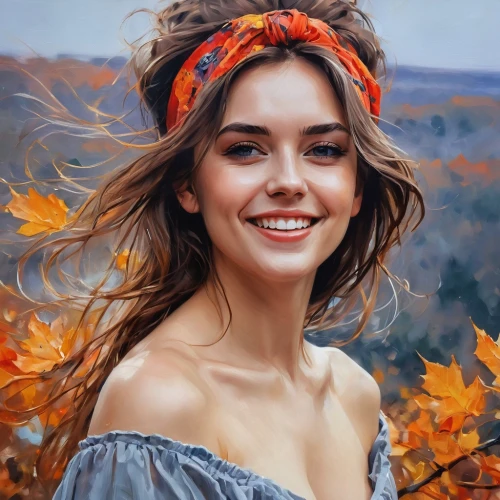 autumn background,autumn theme,autumn icon,girl portrait,beautiful girl with flowers,portrait background,girl in flowers,oil painting,autumnal,romantic portrait,a girl's smile,just autumn,oil painting on canvas,autumn,digital painting,girl in a wreath,autumn landscape,in the autumn,fall,autumn day,Photography,General,Realistic