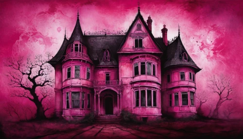 the haunted house,haunted house,witch house,witch's house,haunted castle,ghost castle,creepy house,doll's house,pink october,dark pink in colour,dark pink,house silhouette,gothic style,doll house,house painting,victorian house,dollhouse,fairy tale castle,gothic architecture,houses clipart,Illustration,Paper based,Paper Based 18