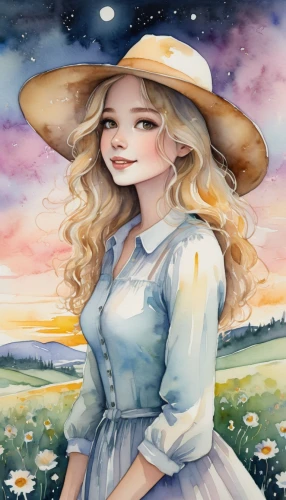 springtime background,jessamine,watercolor background,country dress,countrygirl,farm background,rosa ' amber cover,blooming field,straw hat,prairie,watercolor women accessory,spring background,farm girl,landscape background,meadow in pastel,field of flowers,meadow,high sun hat,sun hat,summer meadow,Illustration,Paper based,Paper Based 25