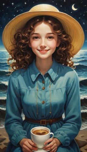 girl with cereal bowl,woman drinking coffee,coffee tea illustration,woman with ice-cream,coffee background,woman holding pie,woman at cafe,sea beach-marigold,pilgrim,the sea maid,woman of straw,girl wearing hat,café au lait,straw hat,saucer,tea cup,tea art,girl with a dolphin,agua de valencia,darjeeling tea,Art,Artistic Painting,Artistic Painting 08
