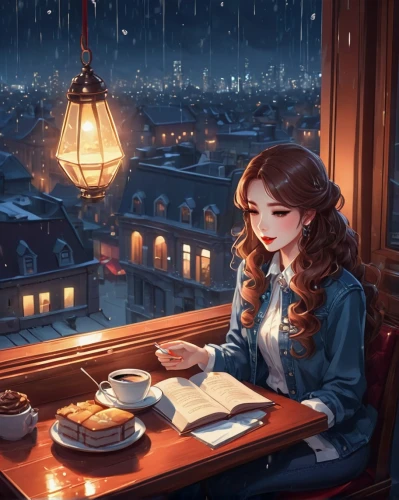 girl studying,coffee and books,coffee tea illustration,sci fiction illustration,tea and books,paris cafe,woman at cafe,parisian coffee,evening atmosphere,coffee background,woman drinking coffee,romantic night,winter dream,writing-book,winter background,author,game illustration,romantic portrait,fantasy picture,the coffee shop,Unique,3D,Isometric