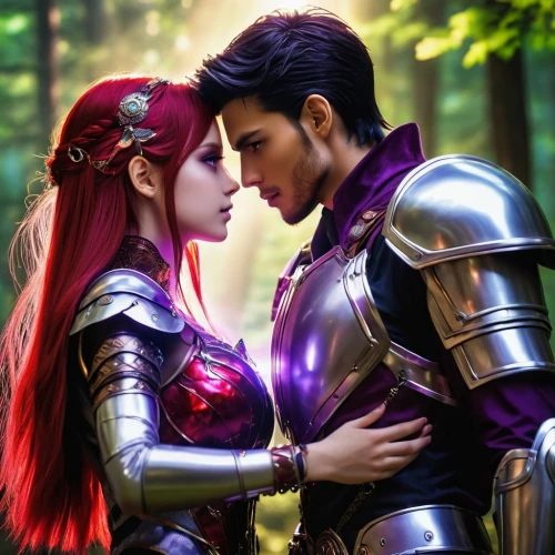 fantasy picture,cosplay image,prince and princess,red-purple,couple goal,romantic portrait,beautiful couple,fairy tale,fairytale,3d fantasy,cosplay,a fairy tale,fantasy art,love couple,fantasy,romantic scene,cuirass,amorous,fairytale characters,kimjongilia,Photography,General,Realistic