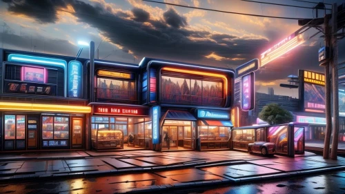 retro diner,neon coffee,drive in restaurant,motel,diner,wild west hotel,store fronts,neon drinks,neon cocktails,neon sign,electric gas station,holiday motel,a restaurant,unique bar,restaurants,rain bar,soda shop,fast food restaurant,retro styled,neon lights