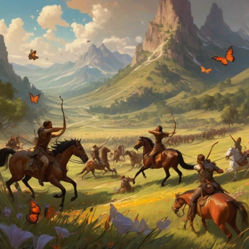 horse herd,fantasy picture,animal migration,hunting scene,fantasy landscape,horses,game illustration,mountain cows,animals hunting,horseback,fantasy art,western riding,horse herder,man and horses,grasslands,wild horses,salt meadow landscape,mountain pasture,mountain meadow,caravan,Conceptual Art,Fantasy,Fantasy 18