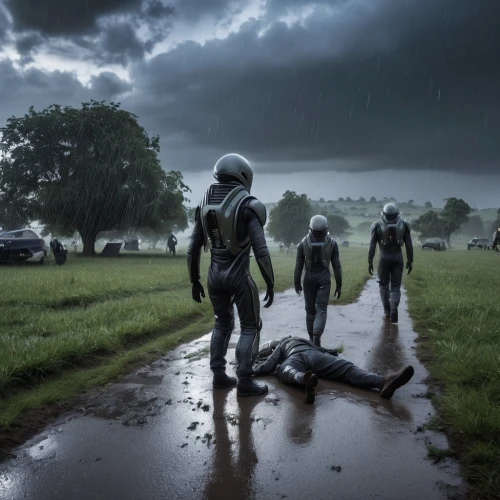 district 9,monsoon,outbreak,arrival,storm troops,rain field,alien invasion,weather-beaten,silver rain,walking in the rain,digital compositing,game art,photo manipulation,abduction,the storm of the invasion,apocalypse,heavy rain,sci fiction illustration,apocalyptic,insurgent,Photography,General,Realistic