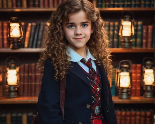 rowan,school uniform,hogwarts,librarian,bunches of rowan,potter,harry potter,clove,schoolgirl,tartan,rosa curly,girl in a historic way,scottish,school skirt,school clothes,scholar,cute tie,academic dress,willow,thomas heather wick,Illustration,Realistic Fantasy,Realistic Fantasy 02