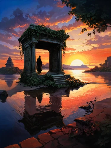 japanese shrine,fantasy picture,ancient house,wishing well,landscape background,chinese temple,ancient city,romantic scene,tsukemono,shrine,asian architecture,japan landscape,fantasy landscape,world digital painting,victory gate,chinese art,buddhist temple,idyll,sacred lotus,background with stones