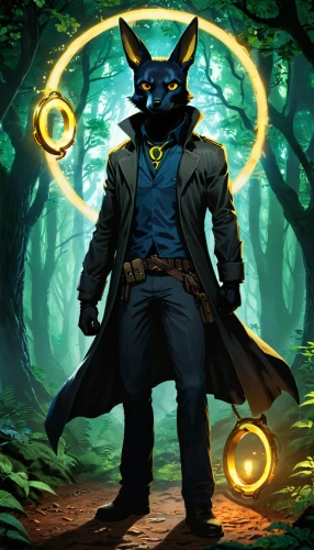 investigator,dodge warlock,game illustration,summoner,magus,magistrate,detective,nine-tailed,dark blue and gold,dark-type,wolfman,biologist,druid,ori-pei,the wanderer,owl background,jackal,wolverine,werewolves,werewolf,Illustration,American Style,American Style 02