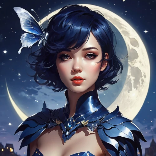 fantasy portrait,blue enchantress,blue moon rose,luna,moonlit,queen of the night,lunar,moonlit night,blue moon,stars and moon,zodiac sign libra,moonbeam,fantasy woman,moon phase,fantasy art,holly blue,moon night,fantasy girl,moonflower,moon and star,Conceptual Art,Fantasy,Fantasy 06