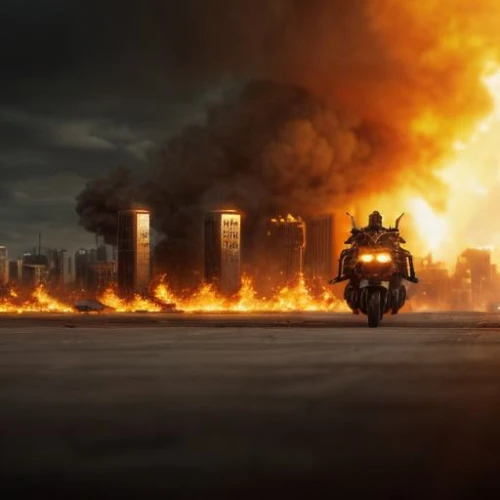 apocalyptic,city in flames,post-apocalyptic landscape,district 9,post apocalyptic,destroyed city,apocalypse,doomsday,post-apocalypse,end of the world,digital compositing,the end of the world,the conflagration,fire background,explosion destroy,armageddon,photo manipulation,burning earth,detonator,detonation,Realistic,Movie,Warzone