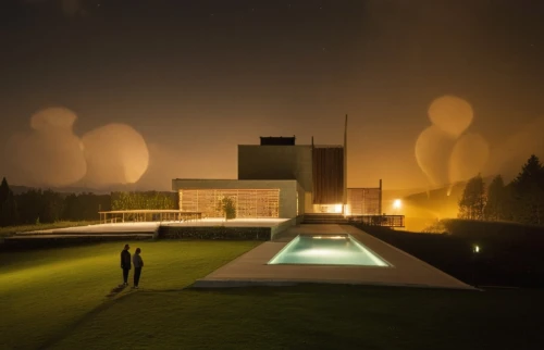 landscape lighting,archidaily,chancellery,klaus rinke's time field,corten steel,at night,futuristic art museum,night view,modern house,night image,security lighting,rwanda,evening atmosphere,arq,mirror house,tempodrom,house silhouette,modern architecture,dunes house,event venue,Photography,General,Realistic