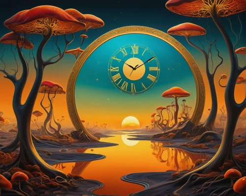 clocks,sand clock,mushroom landscape,four o'clocks,clock,clock face,world clock,clockmaker,time spiral,time pressure,out of time,flow of time,time pointing,time,new year clock,grandfather clock,clockwork,wall clock,spring forward,time machine,Illustration,Abstract Fantasy,Abstract Fantasy 22