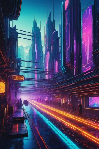 futuristic landscape,cyberpunk,fantasy city,colorful city,scifi,cityscape,metropolis,sci fiction illustration,cyberspace,futuristic,sci-fi,sci - fi,transistor,ultraviolet,sci fi,vapor,cyber,dystopia,world digital painting,city highway,Illustration,Retro,Retro 05