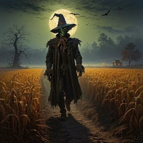 scarecrow,scarecrows,pilgrim,halloween poster,witch's hat icon,witch broom,halloween background,wheat field,witch's hat,straw man,fantasy picture,gamekeeper,halloween illustration,game illustration,scythe,the wanderer,cd cover,farmer in the woods,farmer,witch hat