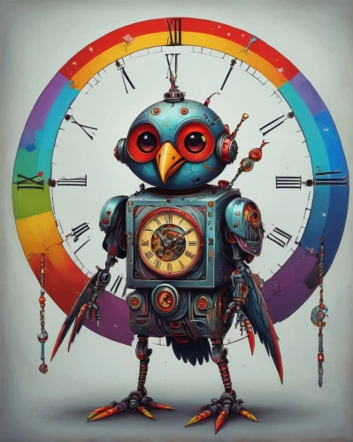 clockmaker,watchmaker,clockwork,cuckoo clock,mechanical,mechanical puzzle,chronometer,barometer,anthropomorphized animals,clock,bubo bubo,steampunk,robot icon,social bot,clock hands,cybernetics,minibot,dartboard,scrap collector,robotic,Illustration,Abstract Fantasy,Abstract Fantasy 07