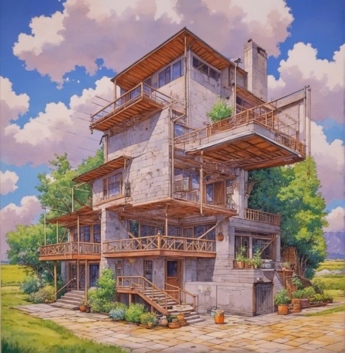 sky apartment,studio ghibli,wooden house,apartment house,house in mountains,home landscape,japanese architecture,apartment building,an apartment,house in the mountains,two story house,tree house,small house,apartment complex,little house,private house,hanging houses,violet evergarden,lonely house,house in the forest