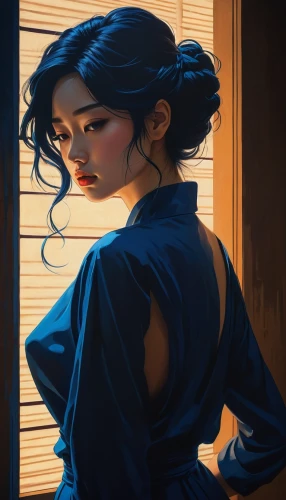 blue painting,geisha,mulan,digital painting,geisha girl,blue room,jasmine blue,japanese woman,blue background,blue petals,asian woman,cobalt blue,midnight blue,blue enchantress,blue rose,han thom,oriental girl,shades of blue,deep blue,fantasy portrait,Illustration,Japanese style,Japanese Style 15