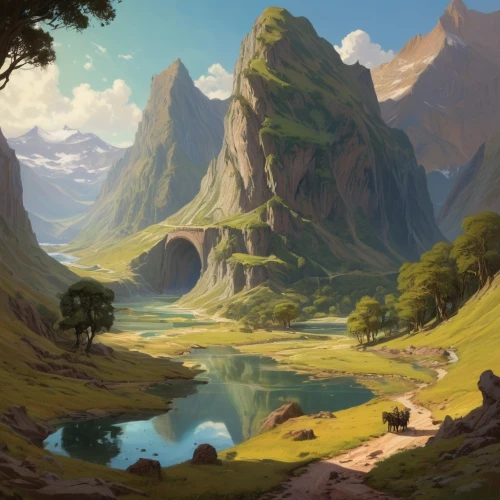 fantasy landscape,mountain landscape,mountain scene,mountainous landscape,valley,mountain pasture,landscape background,mountains,mountain valley,high landscape,mountain world,mountain plateau,mountain range,the landscape of the mountains,landscape,giant mountains,mountain valleys,mountain spring,mountainous landforms,mountain settlement,Conceptual Art,Fantasy,Fantasy 18