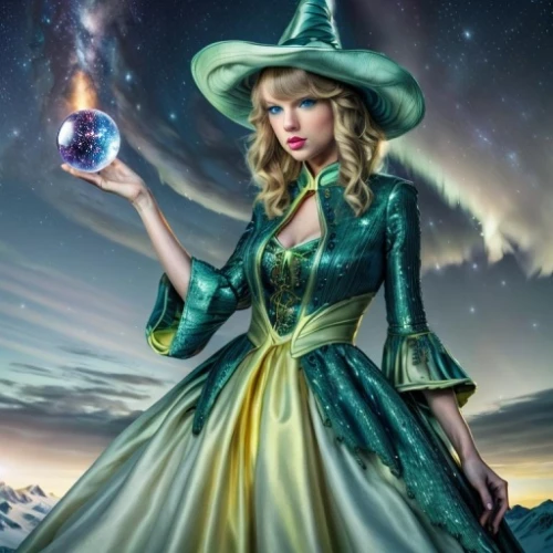 fantasy picture,sorceress,crystal ball-photography,blue enchantress,fantasy woman,the enchantress,magical,wicked witch of the west,crystal ball,witch,fantasy portrait,fantasy art,green aurora,celebration of witches,wizard,fairy tale character,magical adventure,divination,mage,3d fantasy