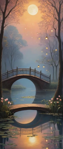 scenic bridge,angel bridge,wooden bridge,love bridge,hangman's bridge,arch bridge,bridge,river landscape,rainbow bridge,viola bridge,dragon bridge,tied-arch bridge,fantasy landscape,landscape background,evening atmosphere,romantic scene,bridge arch,art painting,evening lake,bridges,Art,Artistic Painting,Artistic Painting 48