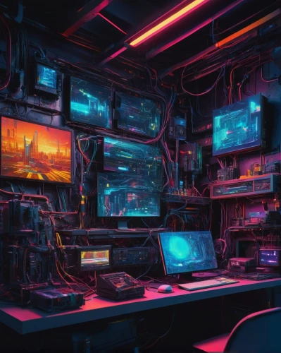 computer room,cyberpunk,game room,the server room,cyberspace,computer workstation,computer art,gamer zone,monitor wall,computer game,consoles,cyber,computer desk,computer,working space,sci fi surgery room,computer system,workspace,ufo interior,computer games,Illustration,Realistic Fantasy,Realistic Fantasy 24