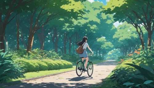 stroll,bicycle ride,studio ghibli,bike ride,summer day,forest walk,bicycle,biking,walk in a park,forest road,walk,forest path,bike path,trail,bicycle path,girl walking away,bicycling,cycling,bicycle riding,bike riding,Illustration,Japanese style,Japanese Style 06