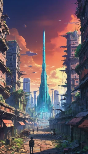 futuristic landscape,shinjuku,cityscape,violet evergarden,valerian,cellular tower,scifi,metropolis,ancient city,tokyo city,umeda,fantasy city,tokyo,sky city,skyscraper,honolulu,odaiba,beacon,dystopian,sentinel,Illustration,Japanese style,Japanese Style 03