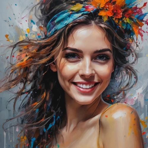 boho art,girl in flowers,beautiful girl with flowers,girl portrait,art painting,oil painting,oil painting on canvas,flower painting,a girl's smile,girl in a wreath,young woman,romantic portrait,italian painter,colorful floral,flower art,world digital painting,photo painting,feather headdress,flower hat,ecstatic,Photography,General,Fantasy